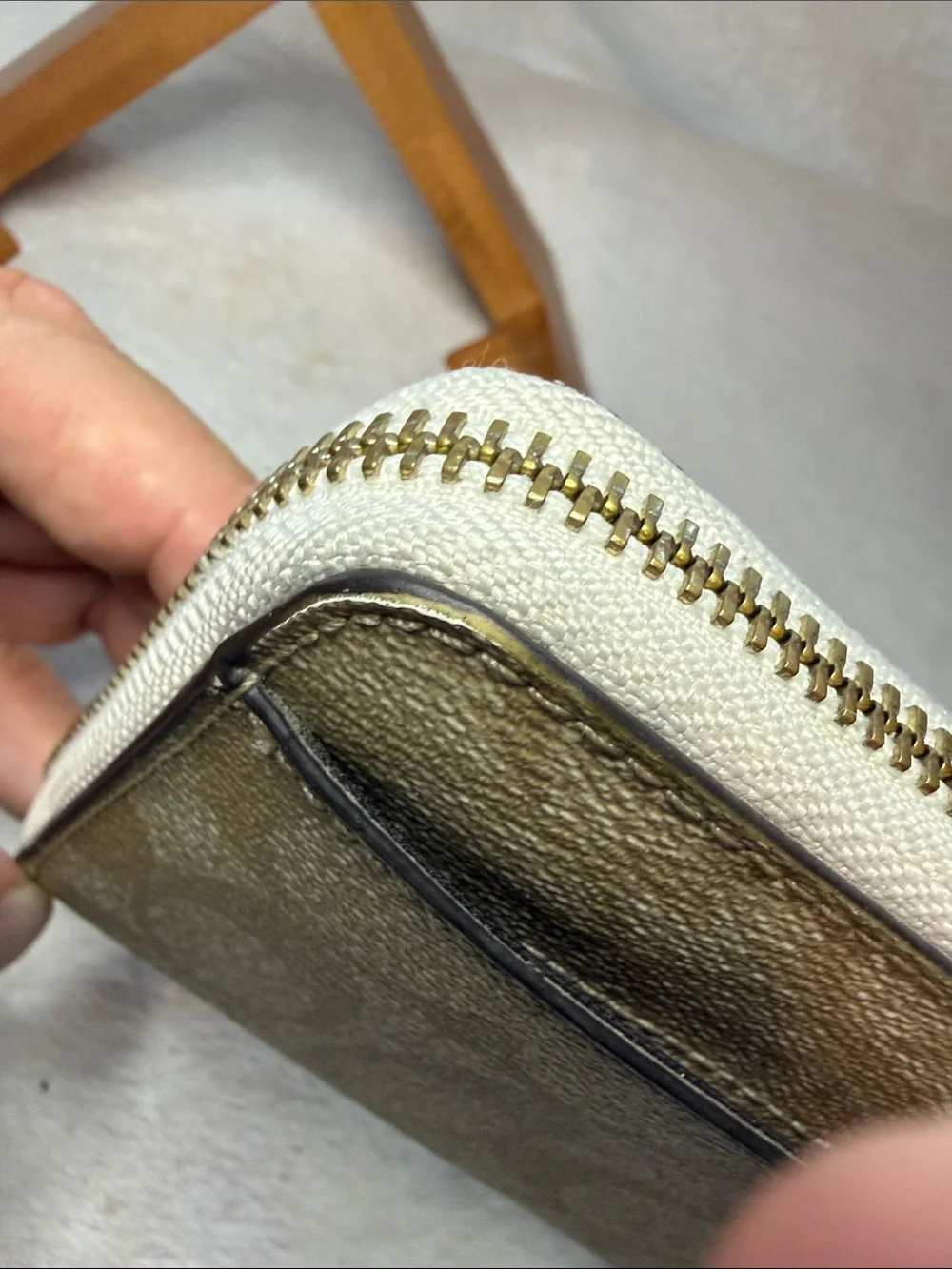 Coach Tan Signature Zip Wallet with Logo Plaque